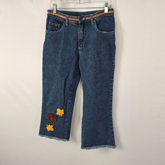 S.L.A. Jeans Junior 7 8 Cut Off Floral Embroidered Straight Leg Medium Wash Blue - Picture 16 of 16